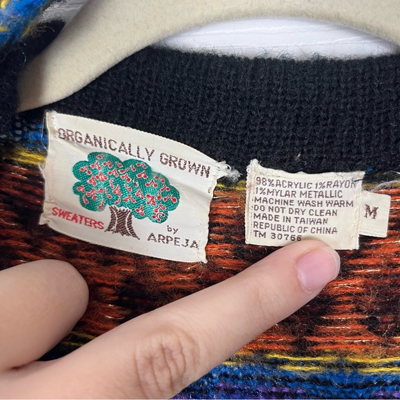 Vintage Boho 70’s Open Front Geo Knit Mid Long Cardigan Duster Sweater Sz M - Picture 4 of 7